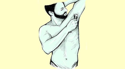 green illustration of man shaving his armpits on yellow background