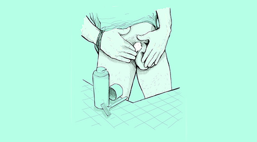 green illustration of man applying shave gel to his balls on green background