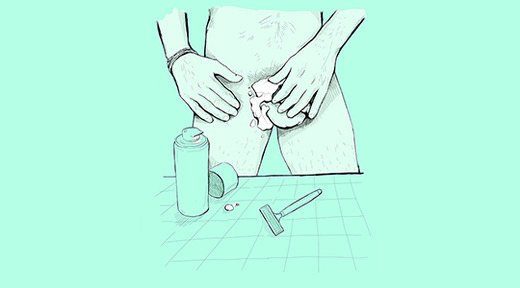 green illustration of man putting shaving cream on his balls, razor in the foreground on green background