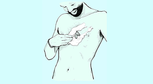 green illustration of man shaving his chest with a razor and shaving cream on blue background