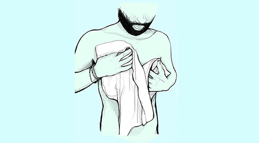 green illustration of man's midsection wiping himself with a towel on blue background