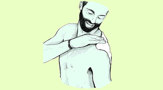green illustration of man smiling and wiping his shoulder on yellow background