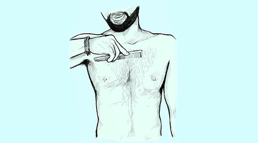 green illustration of man's midsection, combing his chest hair on blue background