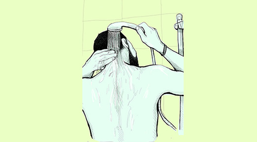 green illustration of man from behind taking a shower with yellow background