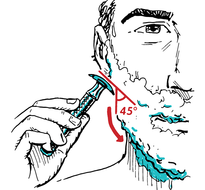 Man shaving with safety razor holding razor 45 degrees to face
