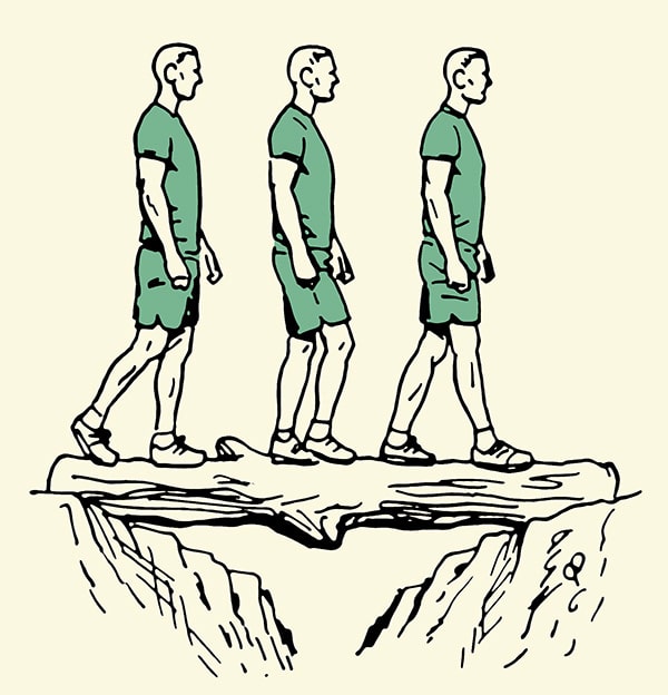 Man balancing on a log over a canyon illustration while crossing it.
