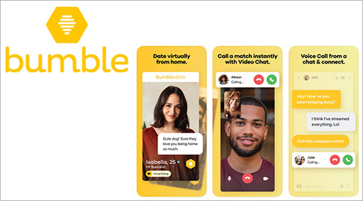 Bumble dating app logo and app screenshots
