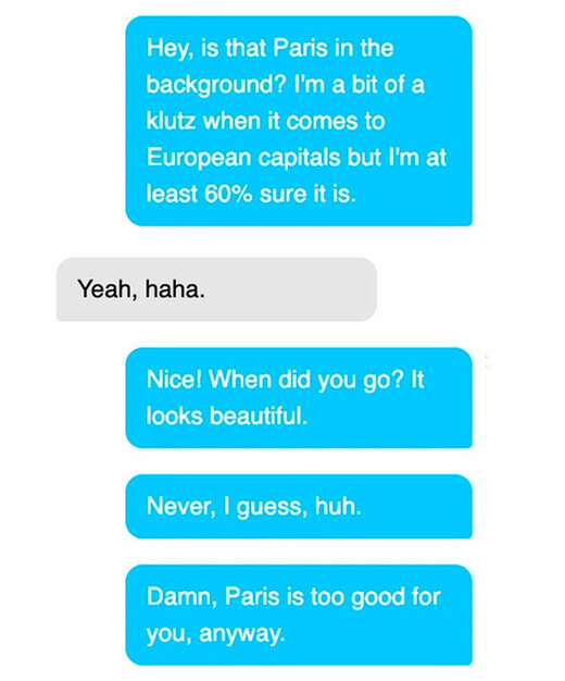Blue and grey text bubbles showing online dating texting conversation