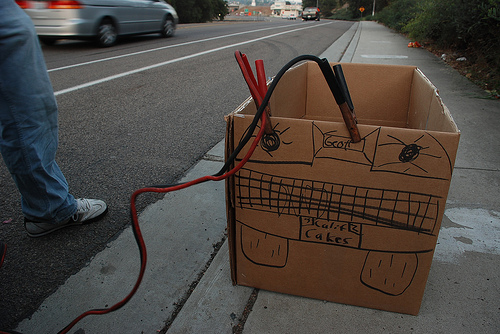 Jumper cables on box with car drawn on.