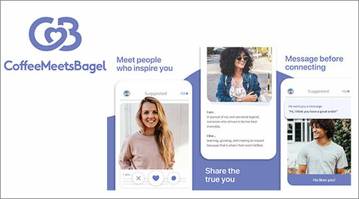 Coffee Meets Bagel dating app logo and smartphone screenshots