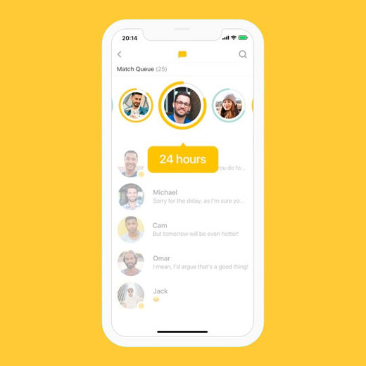 Bumble dating app message match screenshot on smartphone set on yellow background