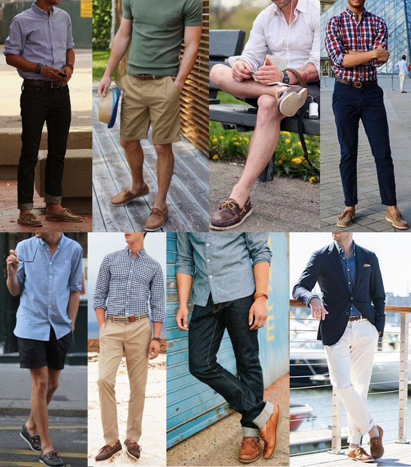 Men wearing boat shoes in different ways. 